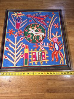 Vintage Huichol Wixárika Yarn Painting Mexico Sacred Deer Birds Folk Art 25" Framed
