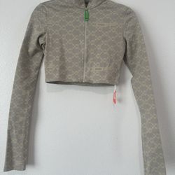 Off-White Beige Monogram Cropped Zip-Up Jacket