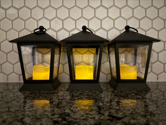 Set of 3 Black Lanterns - Flameless LED Candles, Fall Halloween Decor