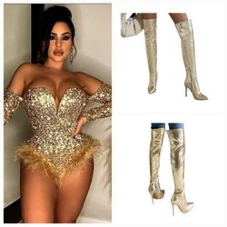 Ready For Pickup New Combo Birthday Outfit Gold Shimmering  Jumpsuit and Gold Boots 