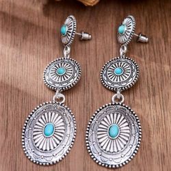Cowgirl Western Vintage Turquoise Totem Geometric Spliced Alloy Pendant Earrings