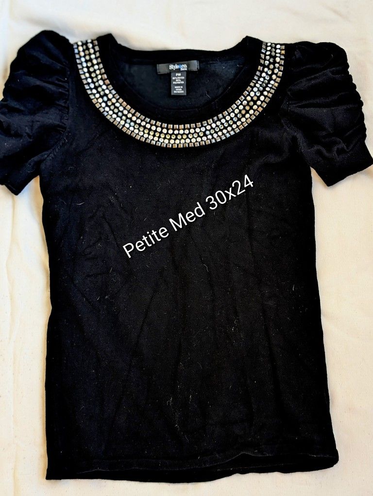 New Style & Co. Petite Medium 30" Bust Fitted Black Gathered Short Sleeve Close Knit Shirt. East or Westside