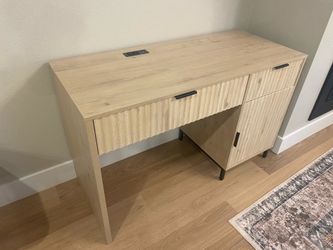Fluted Wood Office Desk With Storage Cabinets