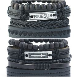2 x Set Adjust. Size up to 9.5inc Leather Bracelet, (I__Jesus-Cross_2)