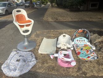 Boon high chair, kick piano, seat, changing pad, vibration bassinet