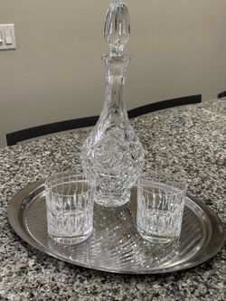 Cut Crystal Decanter Set with Two Glasses