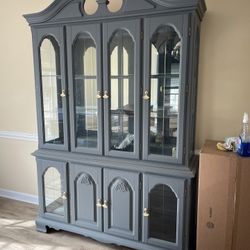 Refinished Dark Gray China Cabinet Hutch w/ Glass Doors Gold Hardware