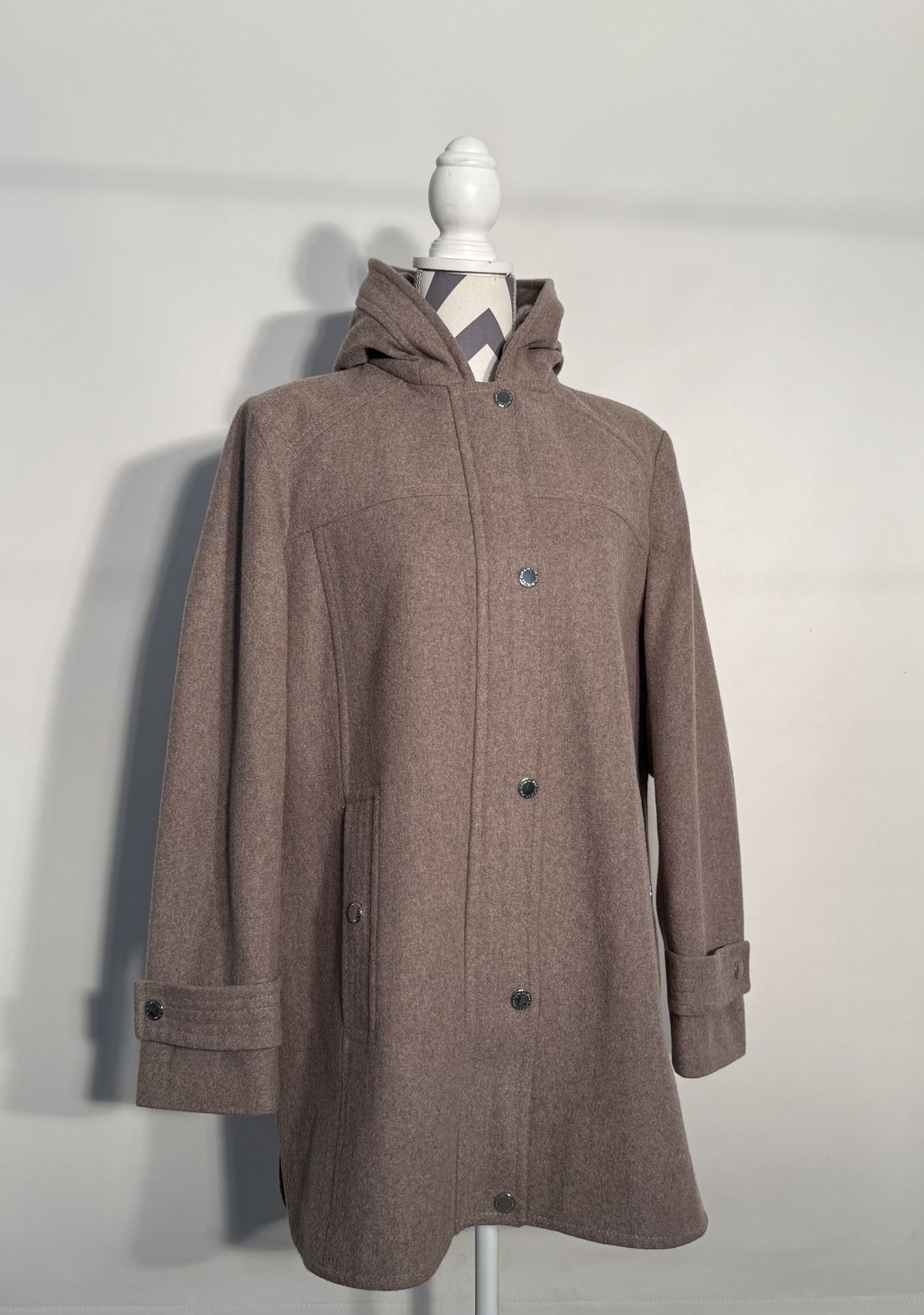 London Fog Zip-Front Sherpa Lined Hood Wool Coat-Jacket - Taupe Heather PXL NWOT