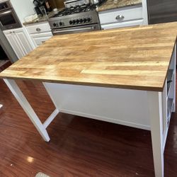 Solid Wood Kitchen Island w/ Butcher Block Top & Storage