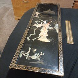 Authentic Asian Art wall hanging 36 inch by 12 inch rare each design is rare and unique,  unique black laker and mother of pearl Asian Art wall hangin