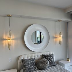 Pair Of Corbett Lighting Symphony 29-inches Gold Leaf Wall Sconce with Polished Stainless Accents - Excellent Condition- Retail: $3400