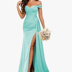 Off Shoulder Bridesmaid, Long Slit Satin Formal Prom Dress In Turquoise Color Size Small