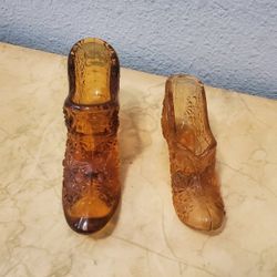 2 Vintage Fenton Amber Glass Shoes 