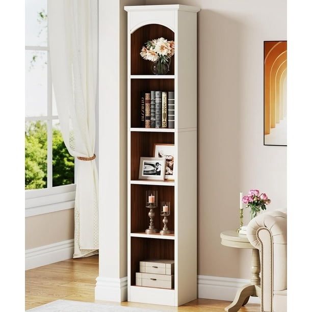 70.9-Inch Tall Narrow Bookcase, 5-Tier Cube Bookshelf with Storage, Modern Slim Corner Display Shelves for Home Office, Living Room, White and Oak