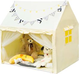 Kids Play Tent with 2 Built-in Storage Organizer, Star Lights, Flags and Play Mat, Kids Tent Indoor, DIY Decoration Playhouse for Toddler, Boy and Gir