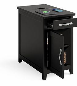 Nj-LINSY HOME End Tabl e with Charging Station, Modern Farmhouse Wooden Side Tabl e with Drawer, Detachable Holder, Extra Storage & Display Space, for