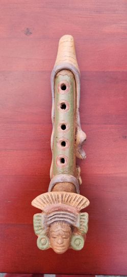 Vintage Aztec Mayan Style Clay Flute - Handmade Terracotta Folk Art