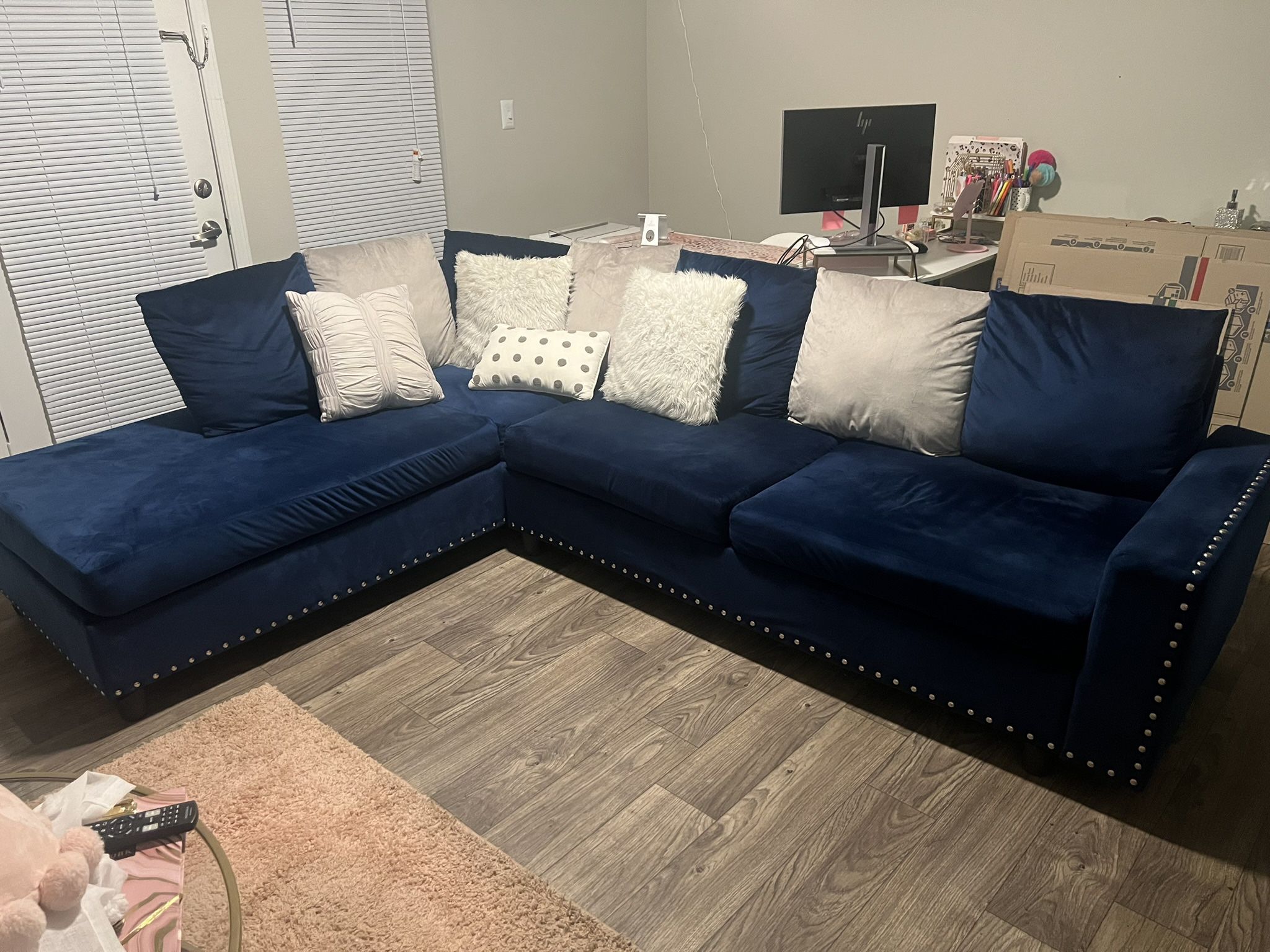 Blue Reversible Sectional Couch, Velvet