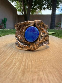 💙🔥 Vintage Brutalist Lapis Lazuli Cuff Bracelet | Artisan Copper Statement Bracelet | Modernist Studio Jewelry