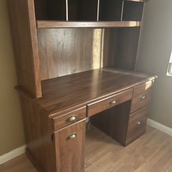 Solid Wood Desk with Hutch + Optional Chair – Excellent Condition Beautiful wood desk with matching hutch — tons of storage and shelving. Smooth drawe