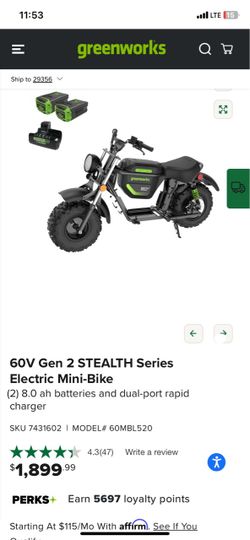 Greenworks 60V Gen 2 Stealth Electric Mini-Bike