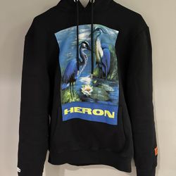 *NEW* HERON PRESTON Hoodie Printed Pattern “Crane” in Black | Size Small/Medium