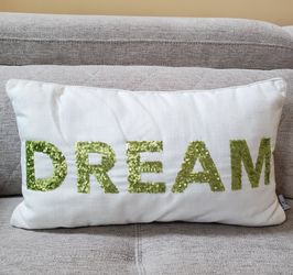 12" x 20" Lime Green Sequin "DREAM" White Decorative Pillow
