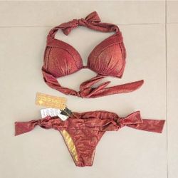 NWT! Agua De Coco Bikini Swimwear Set in Shimmering Red