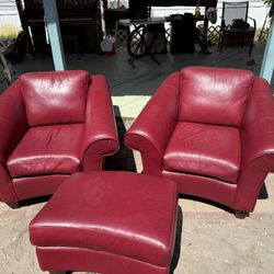 Two Faux  Leather Chairs With Ottoman 