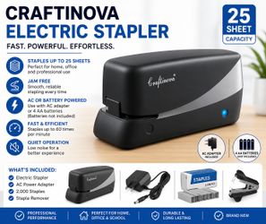 Craftinova Electric Stapler – 25 Sheet Capacity, Includes 2,000 Staples & Remover – AC or Battery Powered (New)
