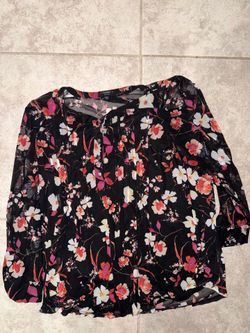 Cocomo Black Floral Peasant Top with Pink & White Blossoms