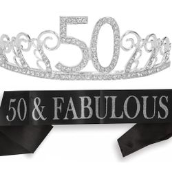 *NEW* 50th Birthday Sash and Tiara for Women - Fabulous Glitter Sash + Waves Rhinestone Silver Premium Metal Tiara for Her 