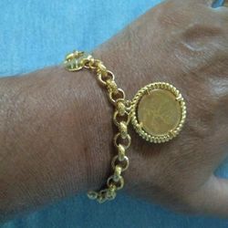 14 Kt    Gold Plated Bronze 💯 bracelet.L 20 Lira coin.made In Italy 🆕🆕🆕