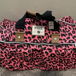New Victoria's Secret Love Pink Leopard Rolling Duffle Bag Suitcase Vintage Y2K