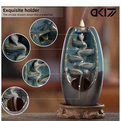 Waterfall Incense Holder Backflow Inscent Cone Burner Handcraft Ceramic Water Fall Smoke Fountain with 120 Cones 30 Sticks 1 Mat 2 Lotus Leaf 1 Cloth