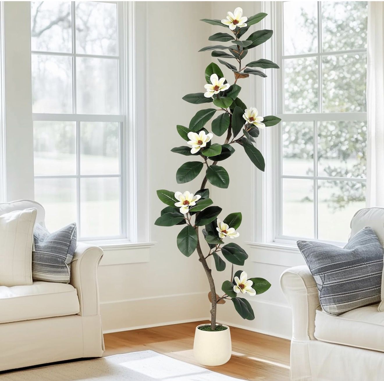 Rubber Tree 6 ft Artificial Tree in White Planter Pot, Faux Plants Indoor Faux Floor