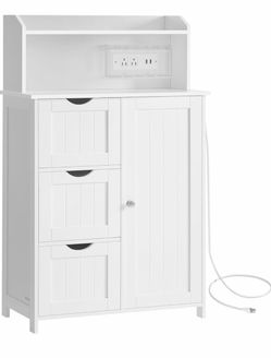 Tall Storage Cabinet with Power Strip, with 3 Drawers, 39.4" H Floor Cabinet with Drawers and Door, 2 Adjustable Shelves , Farmhouse Style, Cloud Whit
