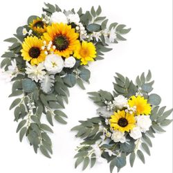 Piklado Faux Flower Swag Set Of 2 For Wedding Welcome Signs Floral Swag Wedding Reception Ceremony Signs Decor (Sunflower & White)