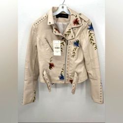 NEW AFTF Basic Designer Moto Cream Leather Floral Embroidered Jacket Cost L NWT