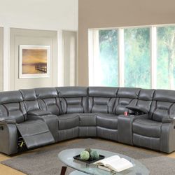 Grey Leather Sectional Sofa With Reclining Seats