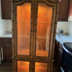 Vintage Bamboo-Style Glass Display Cabinet with Built-In Lights 