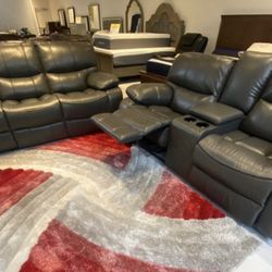 Summer clearance sale. Madrid, gray leather reclining sofa and loveseat now $1199. Easy finance option. Same-day delivery.