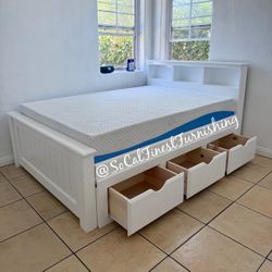 White Full Bed With Drawers And Memory Foam Mattress 