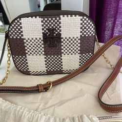 Tory Burch McGraw Woven Plaid Camera Bag Crossbody Cold Brew Brown White