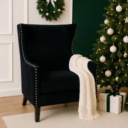 Black Velvet Wingback Accent Chair with Silver Nailhead Trim – Elegant & Comfortable
