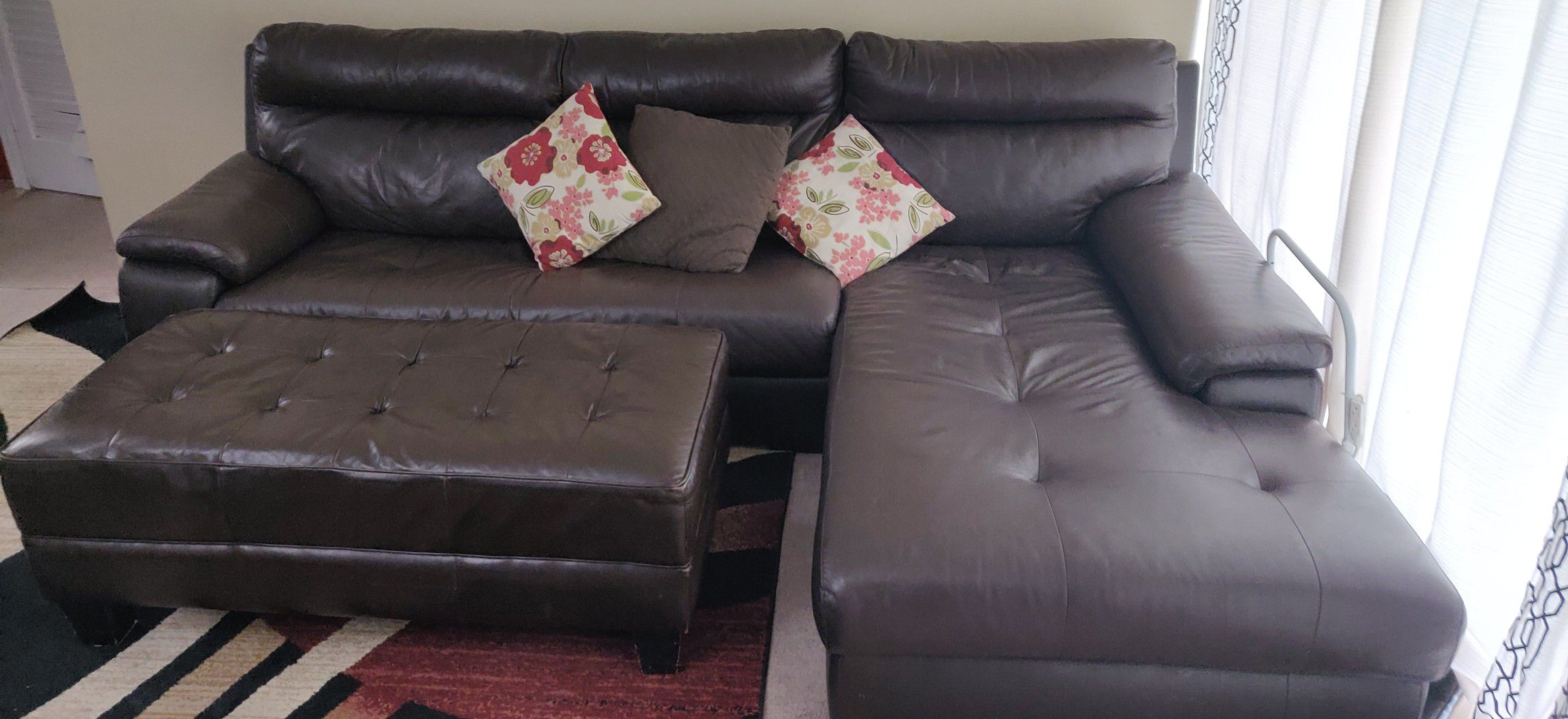 Leather Sectional couch and chaise with ottoman