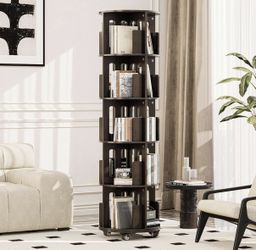 5 Tiers Rotating Bookshelf Tower ,360° Rotating Bookshelf Revolving Book Organizer Space Saving Corner Bookcase for Bedroom Living Room Home Dark Waln