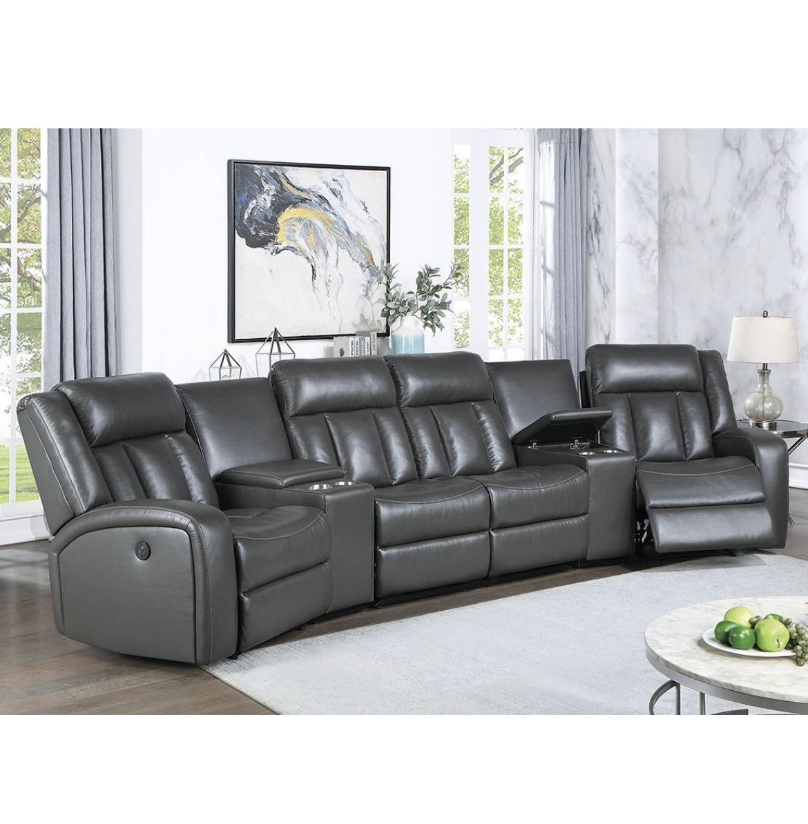 Grey Gel Leatherette Theater Style Manual Recliner Sofa With 2 Storage Console Wedges Brand New In Box Firm Price $1,150