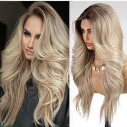 Lace front ash blonde ombre natural wave wig