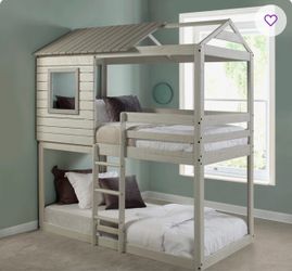 Kids Treehouse Bunk Bed with Roof and Ladder